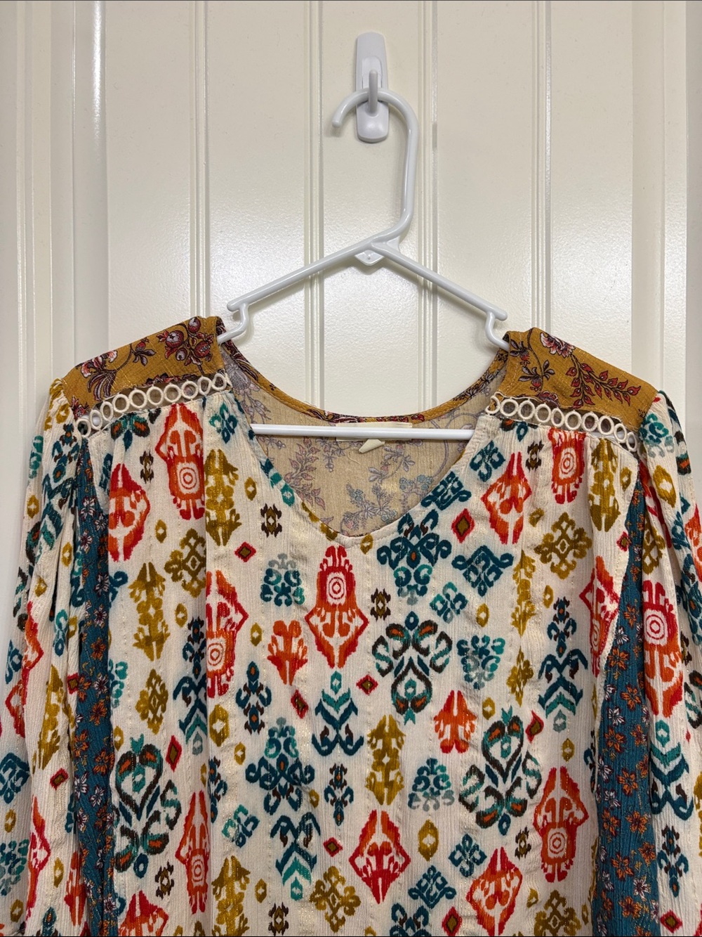 Farmers Market Boho Ikat-Print Top in Cream, Mustard & Teal - Picture 2 of 11